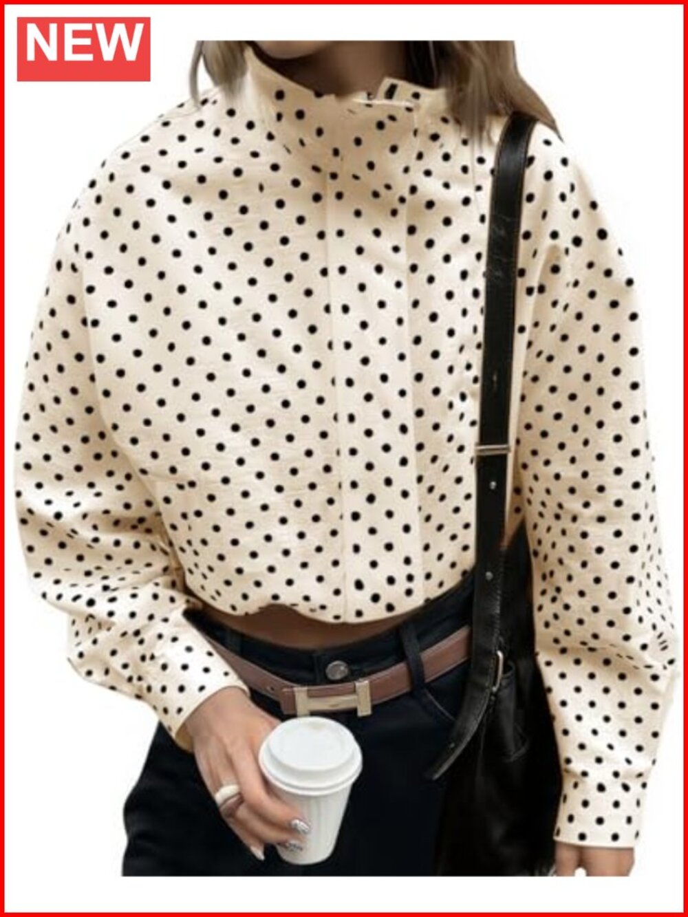 Womens Polka Dot Zip Up Cropped Jacket Lightweight Long Sleeve